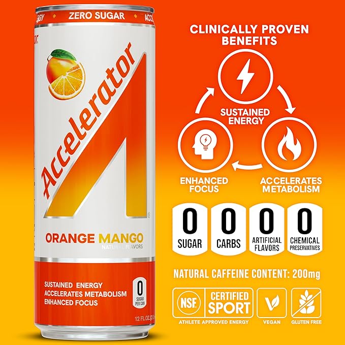 Accelerator Energy Drink Orange Mango 12oz can (12 pack) Zero Sugar Sustained Energy from 100% Natural Caffeine (200mg from Green Coffee Bean &amp Green Tea extract)