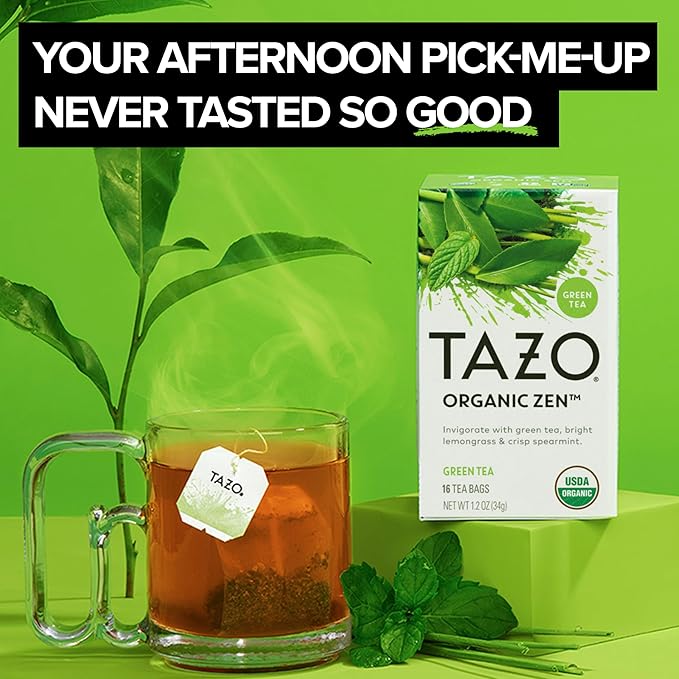 TAZO Organic Zen Green Tea Bags Caffeine Free Tea with Refreshing Lemongrass &amp Spearmint 96 Total Tea Bags (16ct - Pack of 6)