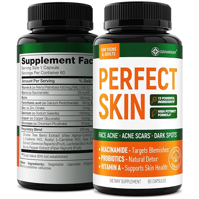 Perfect Skin Acne Pills - Clear Skin Supplement with Niacinamide Probiotic Zinc &amp Vitamin A - Anti Acne Vitamins for Teens Men &amp Women - Support for Face &amp Back Acne Acne Scars - 60 Ca
