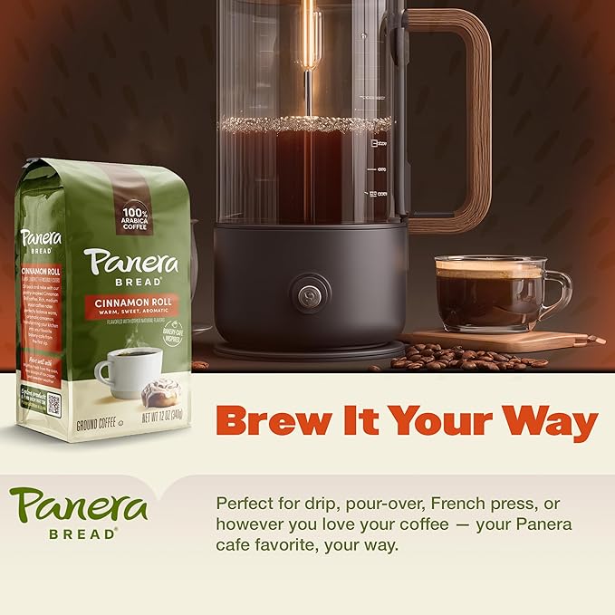 Panera Coffee Cinnamon Roll Ground Coffee 100% Arabica Medium Roast Bakery-Inspired Flavor No Artificial Ingredients 12oz Bag Pack of 6 (72 oz Total) for Home Brewing