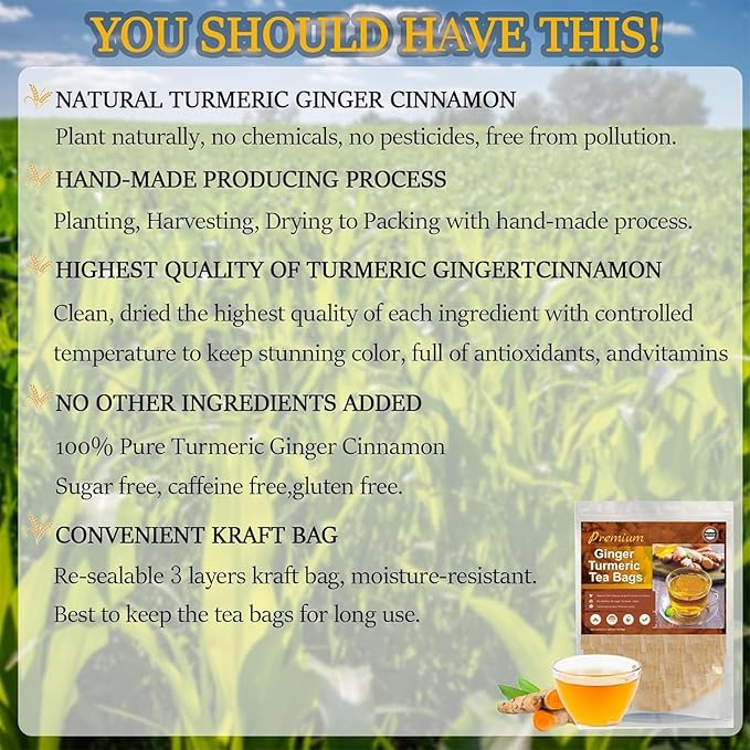Premium Turmeric Ginger Cinnamon Tea Bags Organic Turmeric Ginger Herbal Tea 150 TeaBags 100% Natural Hand-made Blend No Sugar No Caffeine No Gluten Vegan