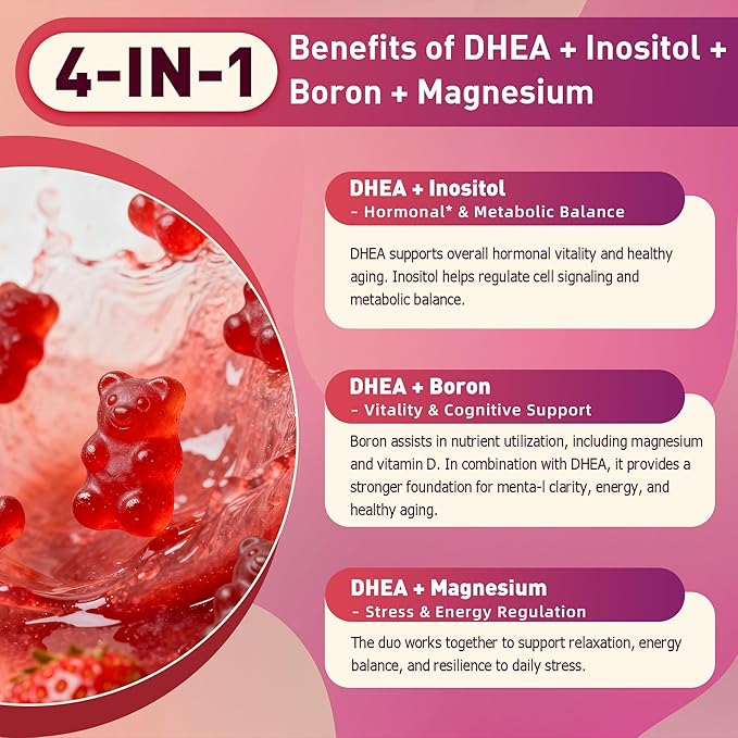 DHEA Gummies DHEA Supplements for Women DHEA 100mg 50mg Chewable with Boron Inositol and Magnesium Pro-Aging Ovarian Support Sleep Support Vegan 60 Counts
