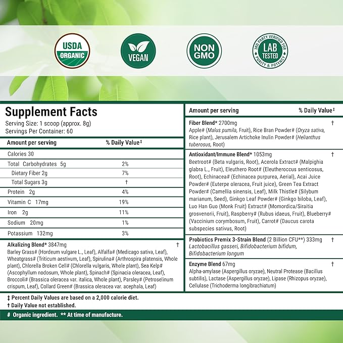 Nested Naturals Super Greens Daily Superfood Powder - Certified USDA Organic Green Powder w/20+ Whole Foods Spirulina Powder Wheat &amp Barley Grass - Probiotics Fiber &amp Enzymes - Original Fla