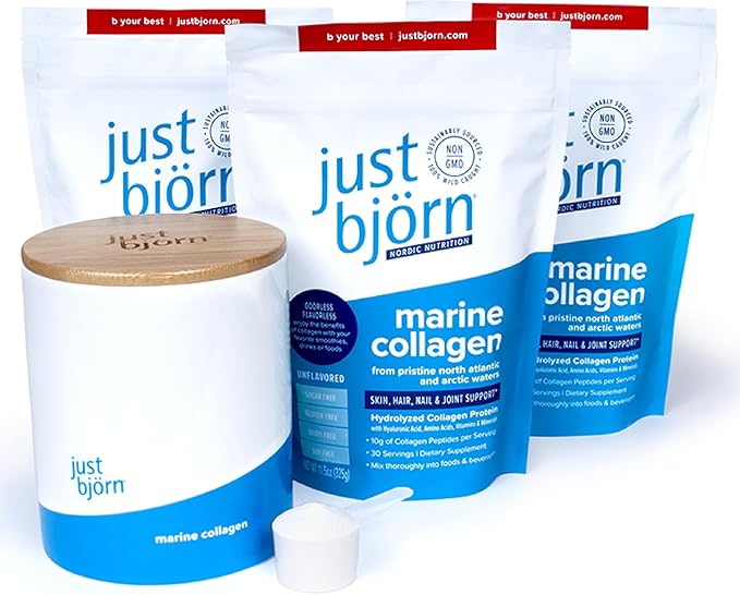 Just Bjorn Marine Collagen Peptide Powder Starter Kit Marine Collagen Peptide Powder On-The-Go Stick Packs (10 Sticks per Pack) | Skin Hair Nail and Joint Support + Hyaluronic Acid