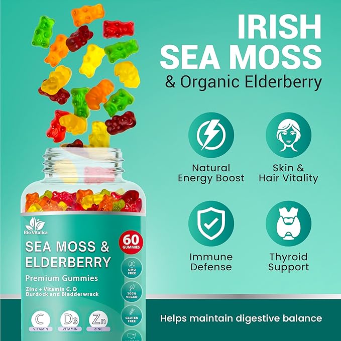 BIO VITALICA Sea Moss Gummies Elderberry BioVitalica - Vitamin C D + Zinc - Irish Seamoss Vegan Gummy with Sea Moss Gel &amp Powder for Immunity Detox - for Adults and Kids (2Packs)