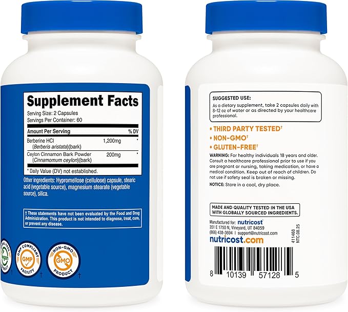 Nutricost Berberine HCl with Ceylon Cinnamon Capsules (120 Capsules 60 Servings) - Non-GMO Animal-Free Product