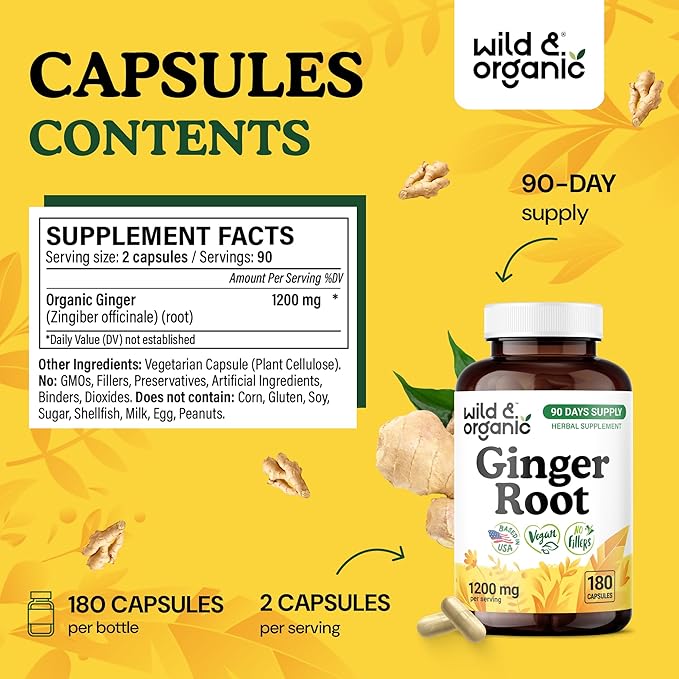 Wild &amp Organic Ginger Root Capsules 1200 mg - Immune &amp Digestive Support - Ginger Root Supplement - Zingiber Officinale Powder - 90 Days of Supply - Vegan No Fillers Non-GMO - 180 Count