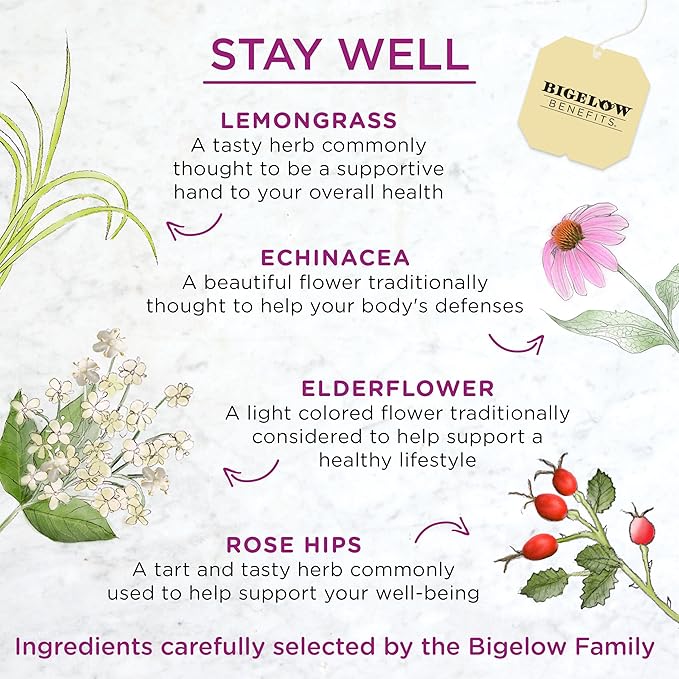 Bigelow Benefits Stay Well Lemon and Echinacea Herbal Tea Caffeine Free 18 Count (Pack of 6) 108 Total Tea Bags