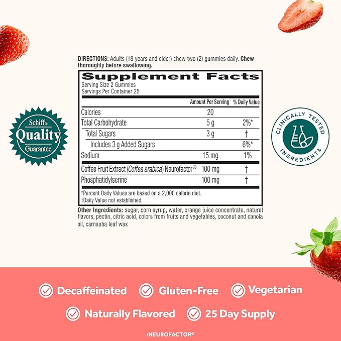 NEURIVA Original Brain Supplement for Memory Focus &amp Concentration + Learning &amp Accuracy with Clinically Tested Nootropics Phosphatidylserine and Neurofactor Strawberry Flavor 50 Gummies