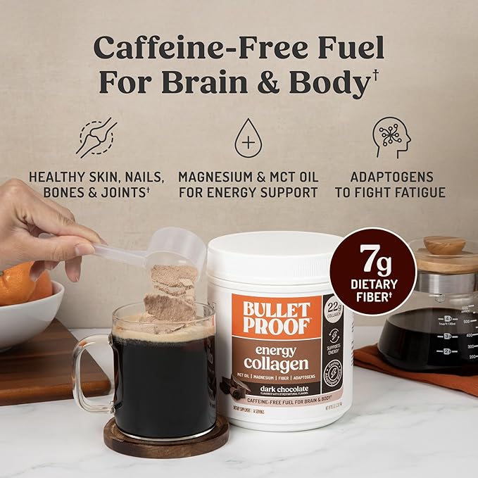 Bulletproof Dark Chocolate Energy Collagen Protein 19.3 Ounces Caffeine-Free Fuel with Vitamins and Antioxidants Blend with Ginseng Magnesium Cordyceps Mushroom