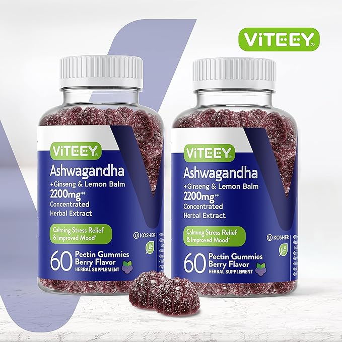 Viteey Ashwagandha Gummies with Ginseng &amp Lemon Balm - Mood Calm &amp Stress Support Ashwagandha Supplements - Vegan Gluten-Free - 120 Count