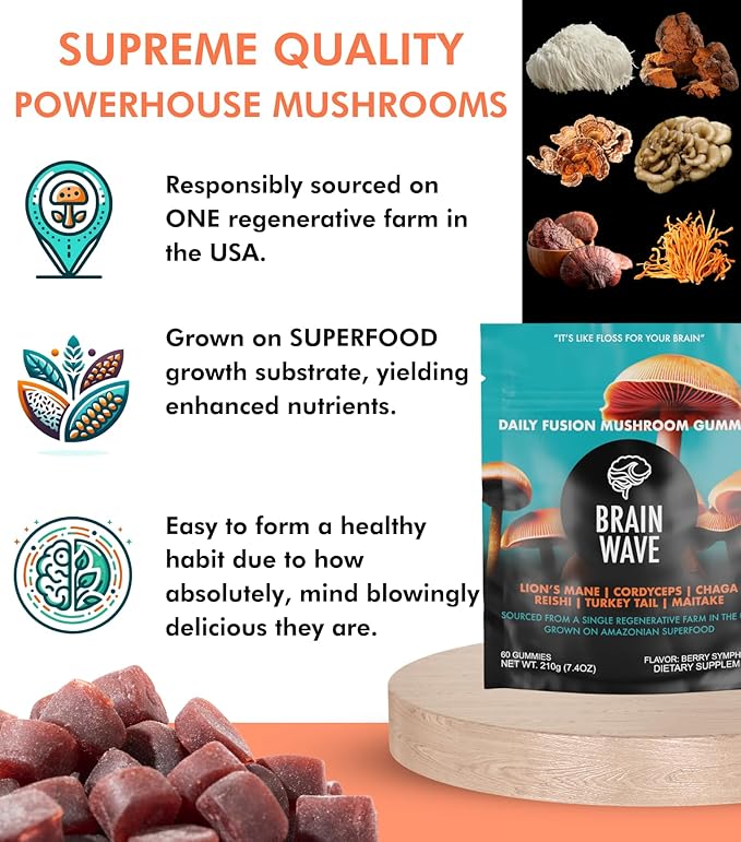Superfood Mushroom Gummies | Delicious Daily Multi Lions Mane Mushroom Gummy Supplement 2008 mg | Reishi Mushroom + Cordyceps + Turkey Tail + Chaga + Maitake | Mushroom Gummies for Focus and Energy