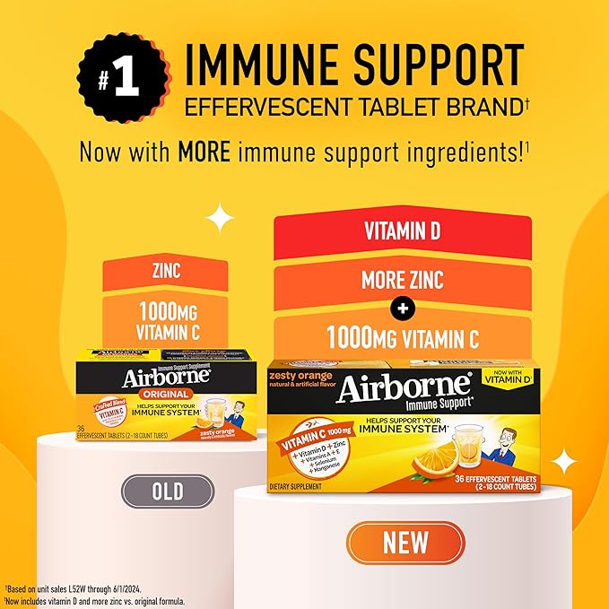 Vitamin C 1000mg (per serving) - Airborne Zesty Orange Effervescent Tablets (36 count in a box) Gluten-Free Immune Support Supplement With Vitamins A C E ZINC Selenium Echinacea &amp Ginger