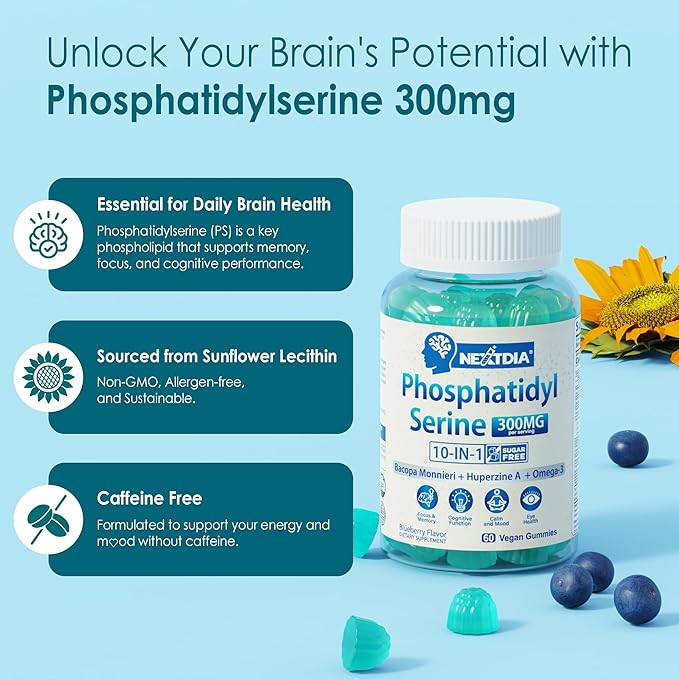 Phosphatidylserine - Nootropic Brian Supplement Focus &amp Energy Gummies + Bacopa Monnieri Omega 3 Huperzine A Methyl B12 &amp B6 for Seniors Gamers Workers Non-GMO Caffeine-Free Sugar Fre