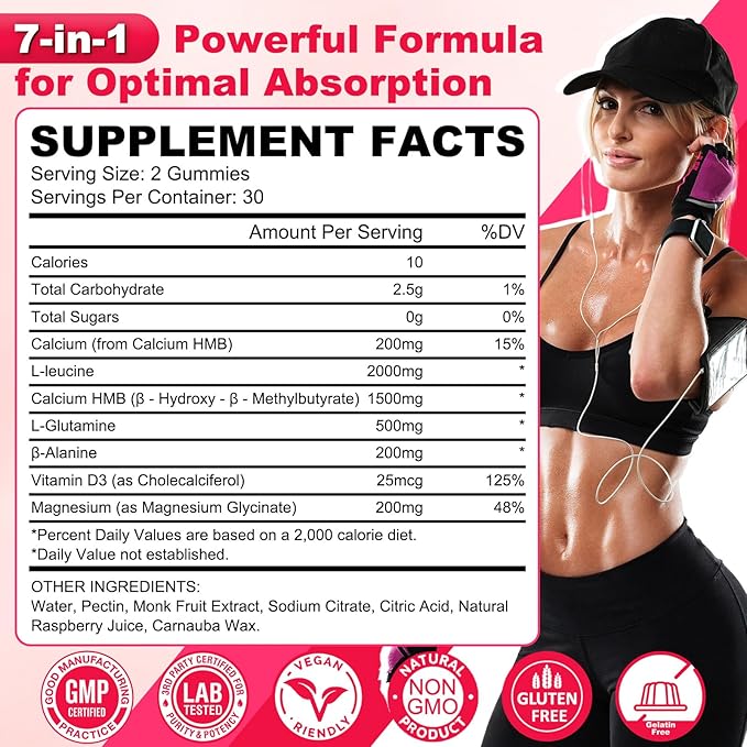 2 Pack HMB and Leucine Gummies 3500mg HMB &amp Leucine Amino Acid for Muscle Growth Muscle Relief HMB Supplements for Men &amp Women Vegan Non-GMO Raspberry Flavor 120 Count