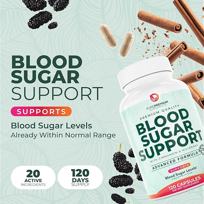 PurePremium Normal Blood Sugar Support Supplement - 20 Active Ingredients Complex to Support Blood Sugar Levels Already in The Normal Range - with Cinnamon Bitter Melon Chromium Mulberry - 120ct