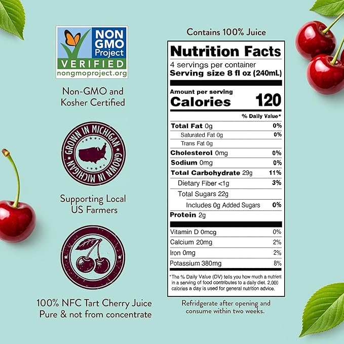 Antioxidant Solutions 100% Tart Cherry Juice - No Added Sugar - High in Antioxidants - 32 fl oz Bottles (6-Pack)