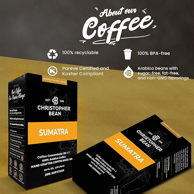 Christopher Bean Coffee - 396 servings 30 to 1 Blend Bag in Box Liquid Instant Coffee or Cold Brew Coffee Concentrate - Hot or Iced Coffee - Sumatra Brew
