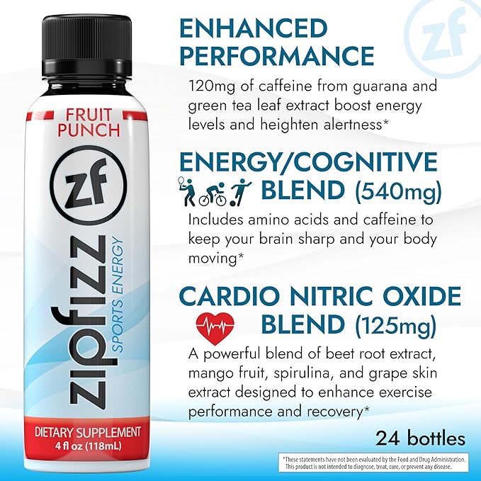 Zipfizz Sport Energy Shot Fruit Punch 4oz Hydration B12 Nitric Oxide Blend (24 Count)