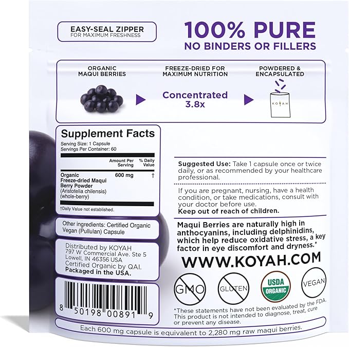 KOYAH - Organic Maqui Berry Capsules - Freeze-Dried Whole-Berry 600 mg Vegan Gluten-Free Non-GMO. Eye Health Support. Antioxidant Support. 60 Capsules