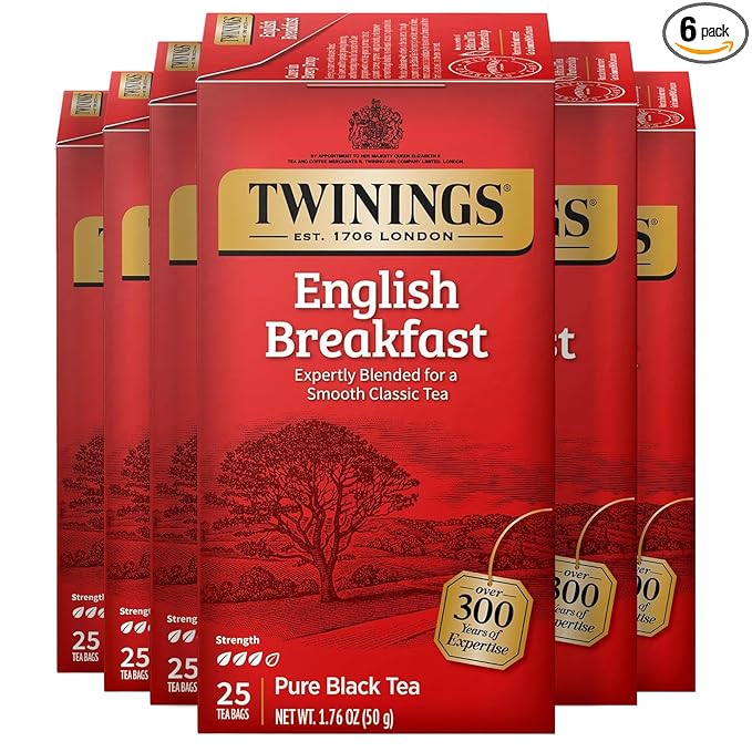 Twinings English Breakfast Black Tea Individually Wrapped Bags 25 Count (Pack of 6) Flavourful Robust Black Tea Caffeinated Enjoy Hot or Iced 150 Teabags
