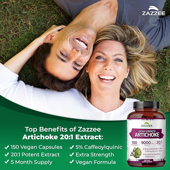Zazzee Extra Strength Artichoke 20:1 Extract 5% Caffeoylquinic Acid 150 Vegan Capsules 5 Month Supply Cynara Scolymus Digestive &amp Liver Detox Support Herbal Supplement Non-GMO Made in the