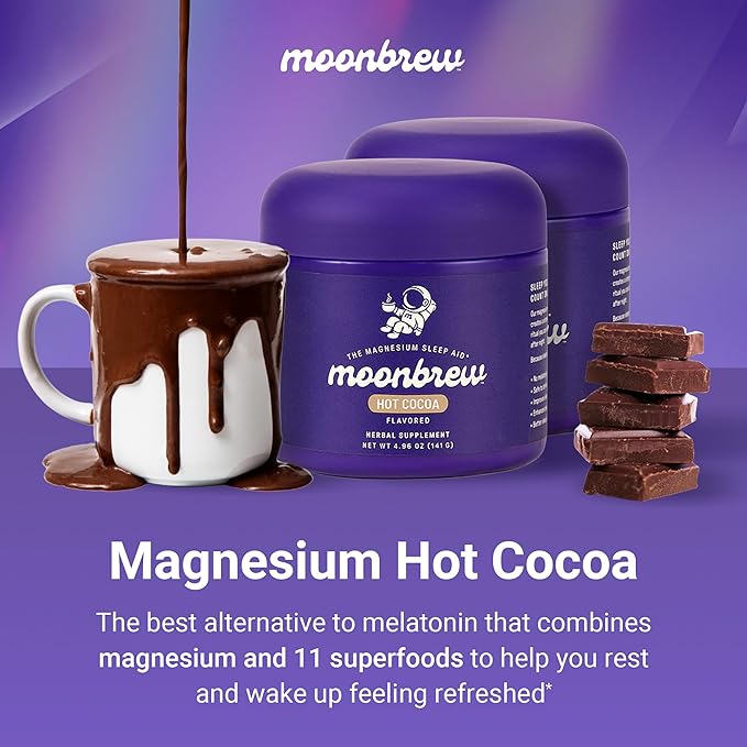 MoonBrew Nighttime Magnesium Hot Cocoa Natural Sleep Aid Drink Mix for Adults 2-Pack - Calming Melatonin-Free Sleep Support - Sleepy Hot Chocolate Powder with L-Theanine Chamomile &amp Zinc Glycin