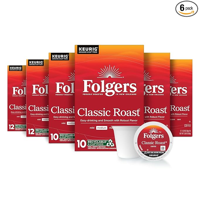 Folgers Classic Roast Coffee Medium Roast Keurig K-Cup Pods 10 Count Box (Pack of 6)