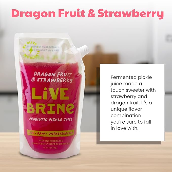 Olive My Pickle Probiotic Pickle Juice - 117 Ounces | 6 Pack of LiveBrine Dragon Fruit &amp Strawberry Pickle Juice with Natural Probiotics and Digestive Enzymes for Gut Health - 78 Pickle Shots