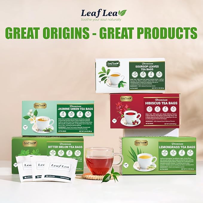LeafLea 80 Jasmine Green Tea Bags Green Tea with Natural Jasmine Aroma Light Focus &amp Daily Balance Delicate Floral and Smooth Taste Caffeinated Sugar-Free Non-GMO Vegan Individually Wrappe