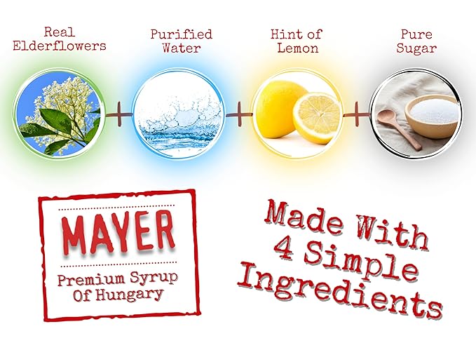 Mayer Elderflower Syrup ( Cordial ) Award - Winning Only Real Elderflowers and 3 Natural Ingredients Vegan Gluten Free Perfect for Cocktails Lemonades Coffee Desserts - No Artificial Additives