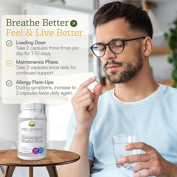 Histamine Shield Plus™ Natural Antihistamine Supplement for Adults Sinus &amp Allergy Relief for Pollen Pet Dander Dust Mold and Odors Quercetin with Bromelain &amp Stinging Nettle 120 Capsule