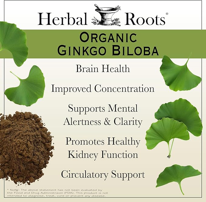 Herbal Roots Organic Ginkgo Biloba Made with Pure Organic Ginkgo Leaf and Extract - 60 Vegan Capsules (Pack of 2)