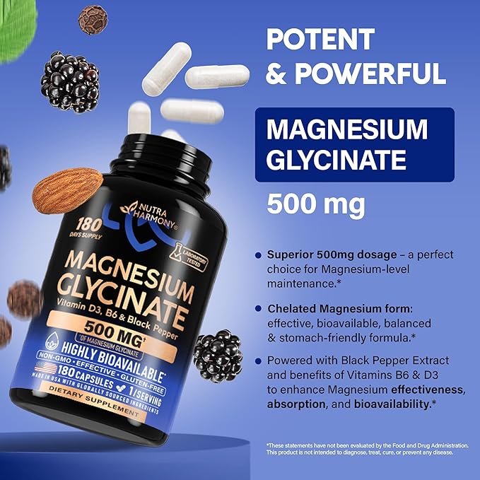 Magnesium Glycinate 500 mg - Chelated Supplement - High Absorption Form of Magnesium - Support for Sleep Muscle &amp Heart Health - Made in USA Lab Tested &amp Non-GMO - 180 Capsules