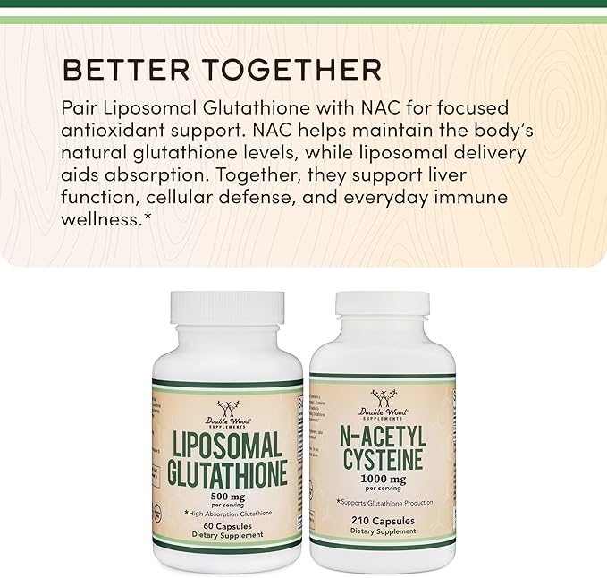 Liposomal Glutathione Supplement 500mg per Serving 60 Capsules (Vegan Safe Non-GMO) Max Absorption Liposomal Glutathione with Genuine Smell and Taste by Double Wood (Pack of 2)