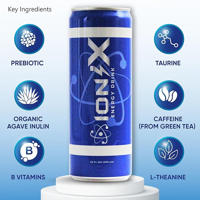 Nootropic Energy Drink - ionix Nootropic Drink to Boost Focus and Mood with Natural Green Tea Caffeine Vitamins &amp Prebiotic for Gut Health Pure Cane Sugar &amp L-Theanine - 12 fl oz Cans (Pack