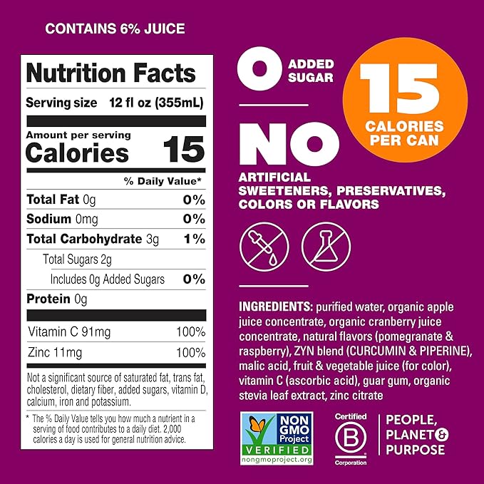 ZYN Turmeric Wellness Drink (6 Pack) Pomegranate Cranberry Flavored Turmeric Curcumin with Black Pepper No Added Sugar Low Carb &amp Low Calorie Clean Alternative