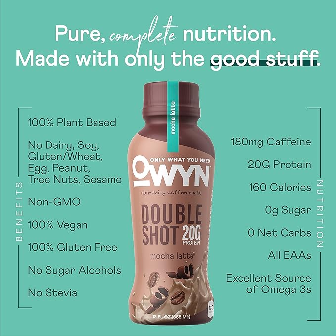 OWYN Only What You Need Double Shot Mocha Latte Flavored Protein Shake 20g Protein 0g Sugar 3g Fiber 180mg Caffeine Dairy Free Plant Based Protein Drink 12 Count