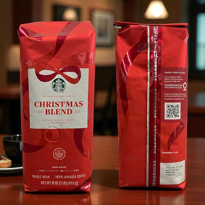 Starbucks Christmas Blend Whole Bean Coffee 16oz Dark Roast 100% Arabica Rich Spiced Chocolate &amp Spruce Notes Limited Holiday Edition Bold Festive Flavor from Sumatra &amp Latin America