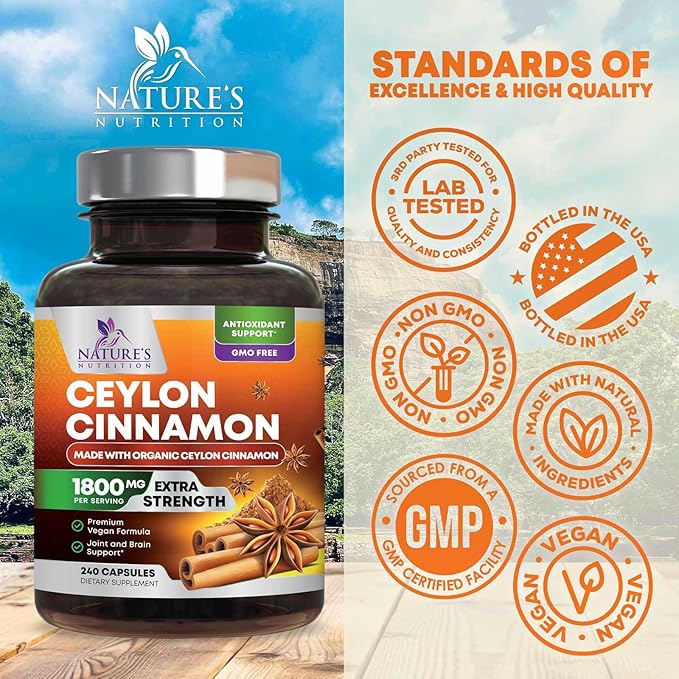 Organic Ceylon Cinnamon 1800mg Per Serving - Extra Strength Certified Organic Ceylon Cinnamon Powder Pills Supplement - Energy &amp Heart Support Antioxidant for Women &amp Men Bottled USA - 240 Ca