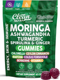 Clean Nutra Moringa Gummies | Pure Moringa Powder Supplement + Ashwagandha Turmeric Spirulina &amp Ginger Energy Skin Immune &amp Gut Health Green Superfood - Moringa Capsules Alternative