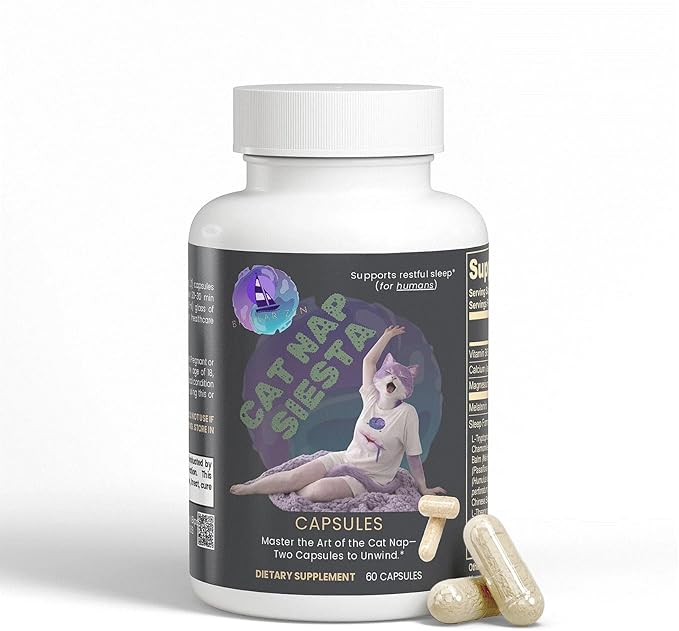 Cat Nap Siesta | Sleep Support Capsules for Humans | Nighttime Relaxation Formula with Calming Botanicals | Non-Habit | 60 Capsules