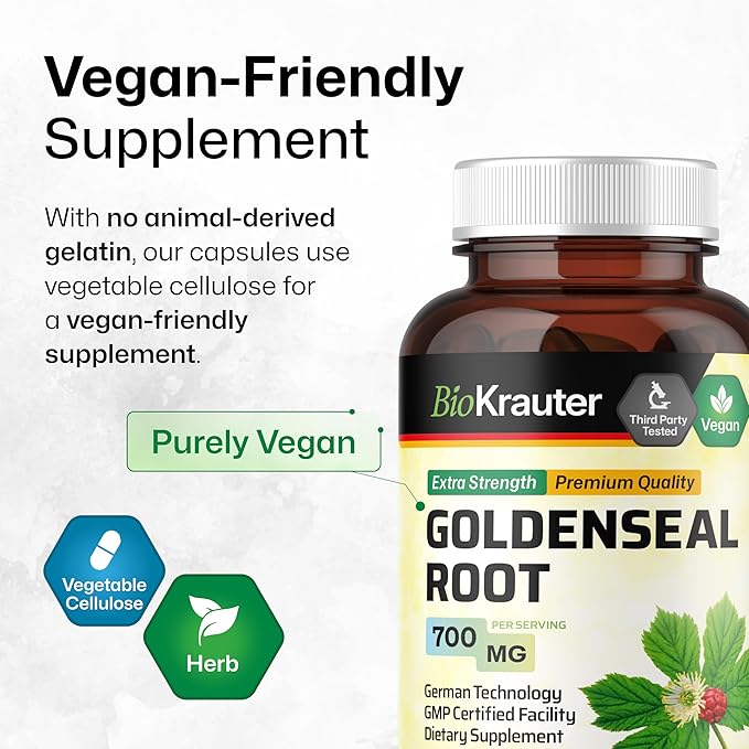 BIO KRAUTER® Goldenseal Root - Pure &amp Vegan Goldenseal Capsules 700mg/serving 100 Caps - Immune &amp Respiratory Support - Golden Seal Powder for Digestive Support - No Fillers Non-GMO 100-Days