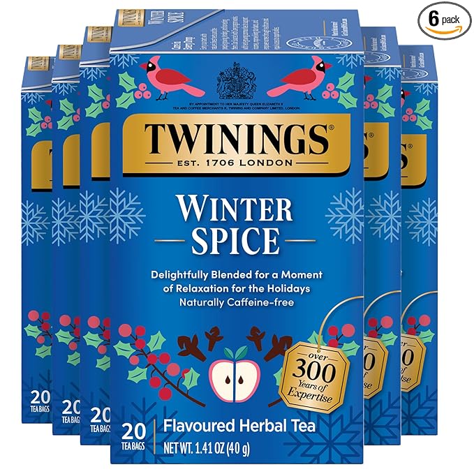 Twinings Winter Spice Herbal Tea Individually Wrapped 20 Count (Pack of 6) Camomile Apple Cinnamon &amp Clove Caffeine-Free Enjoy Hot or Iced 120 Teabags