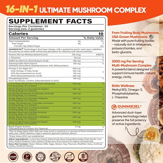 Mushroom Gummies 16-IN-1 Brain Gummies w/Lion’s Mane Reishi Cordyceps Chaga Maitake B12 DHA Ashwagandha L-Theanine &amp More Mushroom Supplement for Adults -Memory Focus &amp Energy Suppo