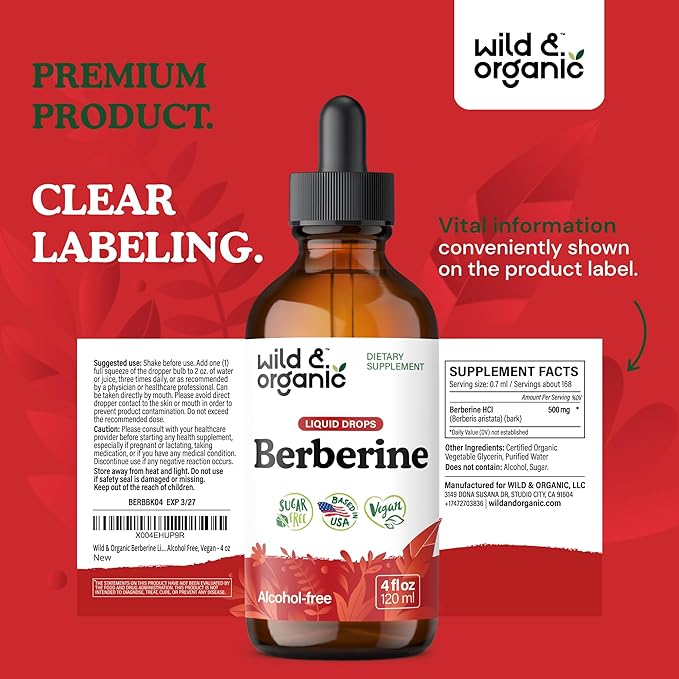 Wild &amp Organic Berberine Drops 500mg - Liquid Berberine Supplement HCL for Overall Support - Pure Extract Tincture - Vegan Alcohol &amp Sugar-Free - 4 fl oz