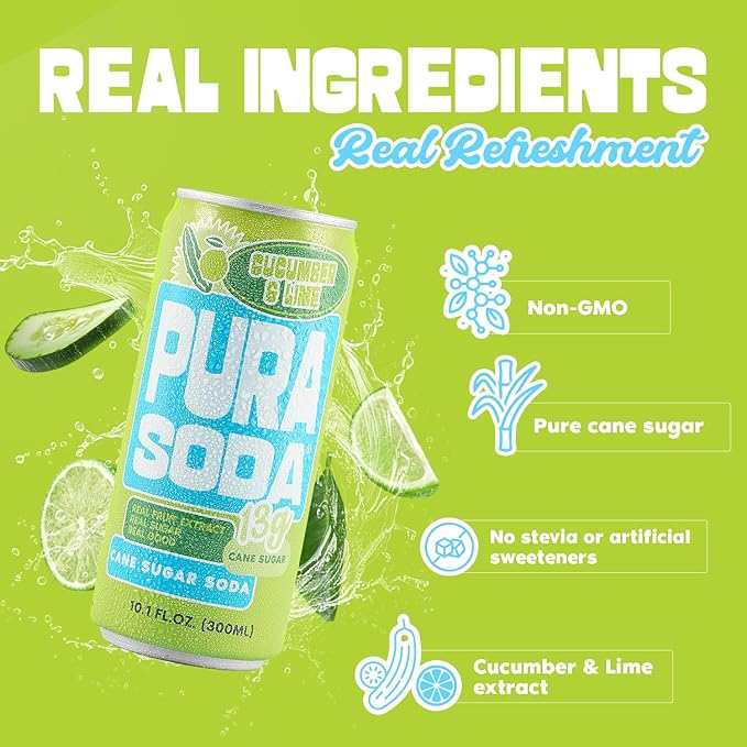 PuraSoda® Cucumber &amp Lime | 65 Calories &amp 13g Pure Cane Sugar per Can | Non-GMO Vegan | Made with Pure Cane Sugar Clean &amp Refreshing | 10 fl oz (300ml) Cans Pack of 24