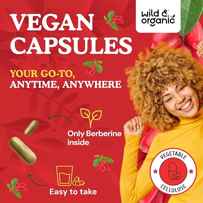 Wild &amp Organic Berberine Capsules 1000 mg - Antioxidant &amp Overall Support - Pure Berberine HCL Powder - Berberis Aristata Bark Supplement - Vegan No Fillers Non-GMO - 90 Count