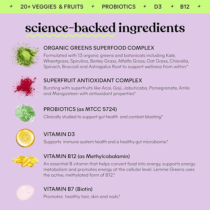 Lemme Greens Superfood Gummies w/Multi - Support Gut Health &amp Reduce Bloating 20+ Organic Greens and Superfruits Clinically Studied Probiotics D3 B12 - Berries &amp Greens Flavored (60 Count)