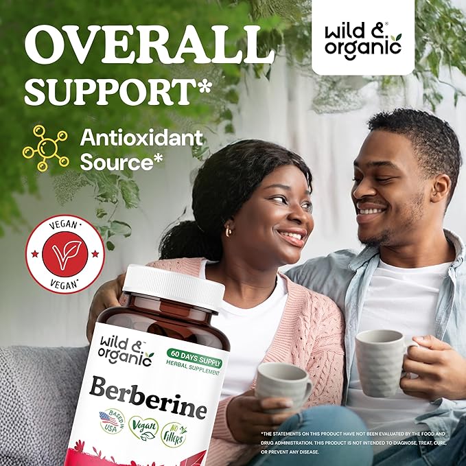 Wild &amp Organic Berberine Supplement Capsules 1000 mg - Antioxidant &amp Overall Support - Berberine HCL Powder - 60 Days of Supply - Berberis Aristata Bark - Vegan No Fillers Non-GMO - 120 Coun